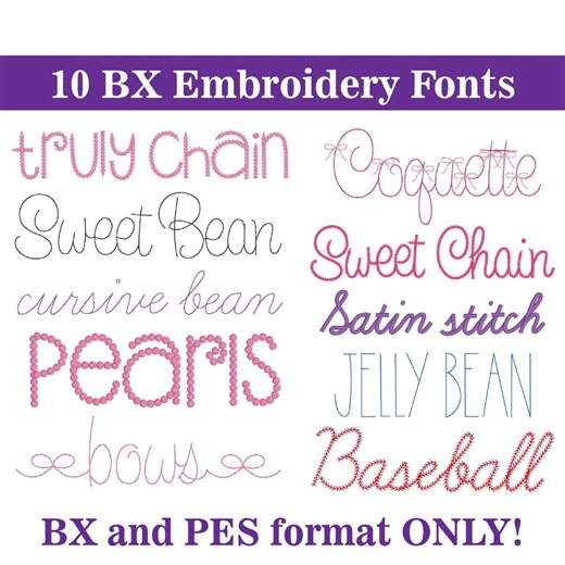 10 Machine Embroidery Font BX Bundle: Cursive Bean Stitch, Pearls Coquette Bows Satin Stitch, BX and PES Format (instant Download) - Etsy