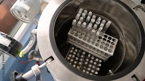The lab assistant puts the rack with the test tubes into the autoclave.