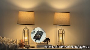 Farmhouse Table Lamps for Living Room Set of 2 - Rustic Industrial Bedside Lamps for Bedroom Nightstand with Nightlight and USB A+C, 4 Bulbs Included