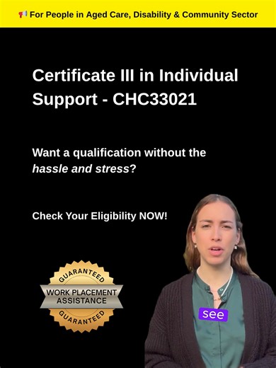 𝐀𝐮𝐬𝐭𝐫𝐚𝐥𝐢𝐚 𝐍𝐞𝐞𝐝𝐬 𝐌𝐨𝐫𝐞 𝐂𝐚𝐫𝐞 𝐖𝐨𝐫𝐤𝐞𝐫𝐬 — 𝐎𝐧𝐥𝐢𝐧𝐞 𝐒𝐭𝐮𝐝𝐲 𝐖𝐨𝐫𝐤 𝐏𝐥𝐚𝐜𝐞𝐦𝐞𝐧𝐭 𝐇𝐞𝐥𝐩 Want to start a meaningful career helping others? The Certificate III in Individual Support (Ageing & Disability) – CHC33021 gives you the skills and qualification to work confidently in Australia’s growing care industry. You’ll get 𝐠𝐮𝐚𝐫𝐚𝐧𝐭𝐞𝐞𝐝 𝐰𝐨𝐫𝐤 𝐩𝐥𝐚𝐜𝐞𝐦𝐞𝐧𝐭 𝐚𝐬𝐬𝐢𝐬𝐭𝐚𝐧𝐜𝐞 so you can gain real-world experience while you study — and the 𝐟𝐥𝐞�