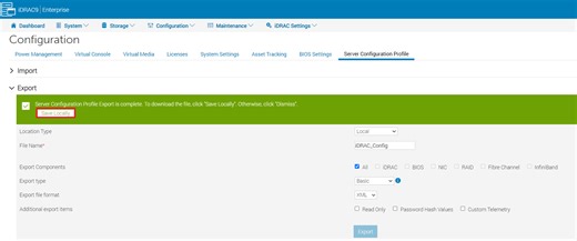 iDRAC：iDRAC設定情報のエクスポートおよびインポート