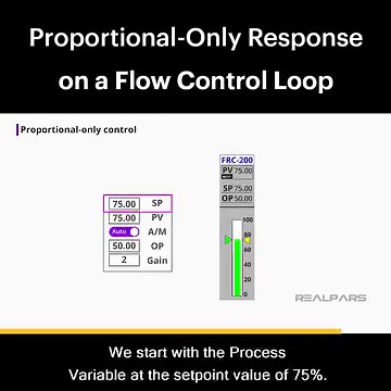 Proportional-Only Response - Flow Control Loop Learn about Proportional Action and its practical application. This brief video demonstrates the impact of setting different gains and observing the controller's output changes in response to setpoint adjustments. #ControllerOutputChanges #PIDsetting #RealPars | RealPars