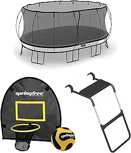 Springfree Trampoline 12 ft x 19 ft Jumbo Oval + FlexrHoop + FlexrStep V2 Bundle – Springless Fun with Goal Hoop and Ladder Attachment Accessories