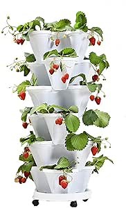 Planter Stackable,6 Tier Flower Pot Tower, Vertical Plastic Planter Garden Strawberry Grow with Rolling Caddy for Indoor Outdoor Herbs Vegetables