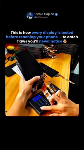 Techie Sapien - AI | Robotics | Next-gen Tech on Instagram: "This Is How Every Smartphone Screen Is Tested to Catch Hidden Defects 🤯 Before a smartphone ever reaches your hands, its display goes through intense quality-control testing to detect even the smallest imperfections. Manufacturers rigorously test screens for dead pixels, touch dead zones, color imbalance, brightness inconsistency, and signal issues. Specialized software, robotic touch tests, and visual inspections ensure that every pi