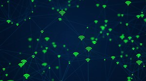 Wi-fi network connections concept background with flashing green wi-fi icons connected by a digital plexus network. This internet technology background is full HD and a seamless loop.