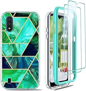 Jeylly for Samsung Galaxy A01 Case [US Version], with 2pcs Glass Screen Protector, Full Body [Marble Design] Heavy Duty Hybrid Soft TPU Hard PC Shockproof Non Slip Protective Case, Jade Green