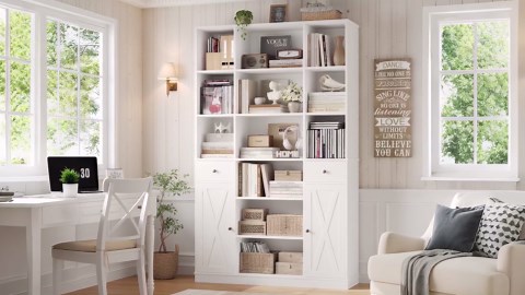 HOSTACK 74" Tall Book Shelf and Bookcase, 45" Wide Bookcase with Doors and Drawers, Modern 6 Tier Bookshelf with Storage, Large Wood Display Cabinet with Adjustable Shelves for Home Office, Ash Grey