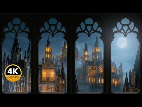 Sleep Inside a Gothic Castle in Anor Londo | Night Window View in 4K | Fake Window Projector