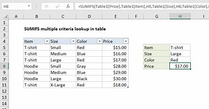 SUMIFS multiple criteria lookup in table