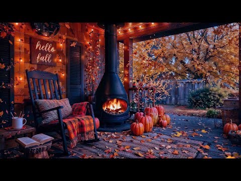 🍂 Cozy Fall Porch Ambience: Crackling Fireplace, Falling Autumn Leaves & Peaceful Piano Music | 4K