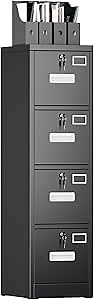 4 Drawer File Cabinet, Office Filing Cabinet with Lock/Drawer, Metal Vertical File Storage for A4 Letter/Legal Size, 14.96'' Wx19.69'' Dx52.36'' H, Assembly Required (Black), (LY-4DZK-01)