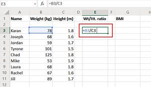 Calculate Weight to Height ratio and BMI in Excel using this BMI calculation formula