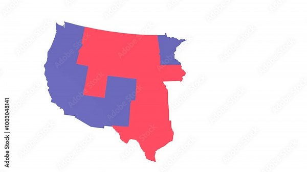 Animated 2D map of the USA with blue and red states.