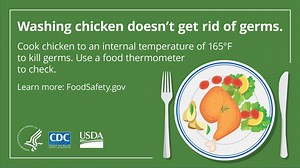 12K views · 93 reactions | Want to know why you shouldn’t wash chicken? Watch where the germs go in this new CDC video! To clean chicken before cooking, pat it dry with a paper towel over a trash can, throw the towel away, then wash your hands with soap and water. https://go.usa.gov/xVcyg | FoodSafety.gov | Facebook