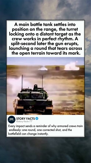 A main battle tank settles into position on the range, the turret locking onto a distant target