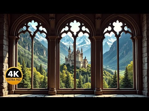 4K Gothic Castle Window | Daylight Mountain Fantasy Projector
