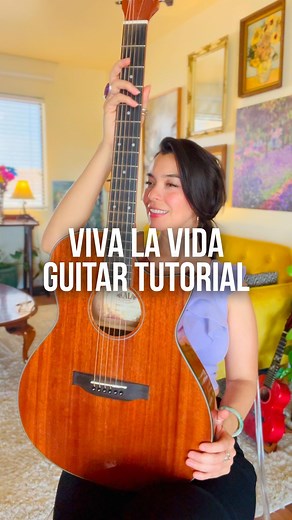 Bernadette Teaches Music 🎥 on Instagram: "Viva La Vida by Coldplay Guitar Tutorial 🩶🩶🩶 Let’s learn how to play the core parts of this song! In today’s tutorial you will need chords C to D and G to Em. 👉🏼 When you play C strum Down 4 times, then move to D chord and strum UUUDD (up, up, up, down, down). Follow this pattern for chords G and Em 🎸 in todays video I’m playing the slim mahogany acoustic guitar feom @kalabrandmusic If you make a cover, tag me! To play in the original key, use cap