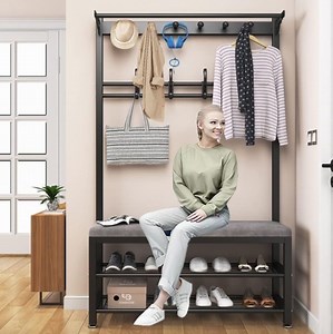 JOJOLAM 5-in-1 Entryway Hall Tree, Multifunctional Coat Rack with Bench & 2 Tier Shoe Rack, 10 Hooks, Black - Walmart.com