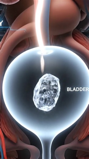 Experience a realistic 3D medical animation showing the journey of a kidney stone as it travels from the kidney to the urinary bladder. This animation begins with a patient lying on a hospital bed, viewed from above, with a semi-transparent visualization of the urinary system beneath the skin. Follow the kidney stone as it forms inside the renal pelvis, moves through the ureter with peristaltic motion, and finally reaches the bladder. The video provides an educational and visually clear demonstr