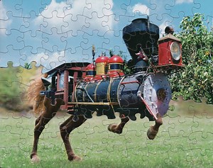 This artist uses jigsaw puzzles, with the same die cut pattern, to make these terrific mashups