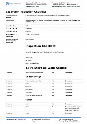 Excavator Inspection Checklist (Better than word doc, excel, PDF)