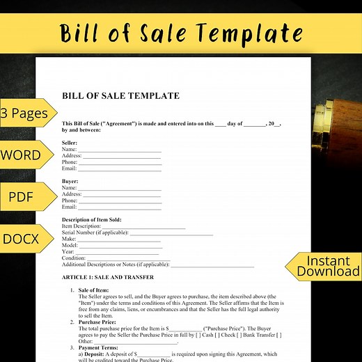 Bill of Sale Template | Editable PDF, Google Doc, Word | Printable Legal Form - Etsy