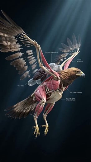 Hyper-detailed exploded 3D model of a golden eagle mid-flight.