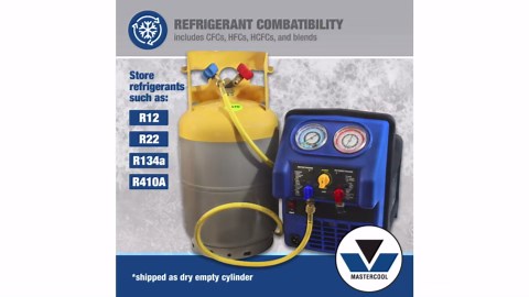 Mastercool 62010 30 lb Refrigerant Recovery Cylinder, DOT-Approved, 1/4" FL-M Connections, HP295 Steel, Yellow/Gray (No Refrigerant Included)