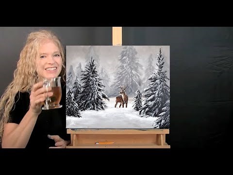 Learn How to Draw and Paint DEER IN WINTER - Paint and Sip at Home - Fun Beginner Acrylic Lesson
