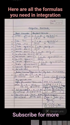 Integration Formula sheet | all the formulas you need | Mathematics | shorts