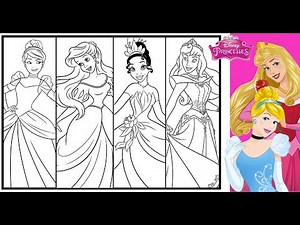 DISNEY PRINCESSES Compilation Coloring Page TOGETHER CINDERELLA ARIEL TIANA AURORA Princess Coloring