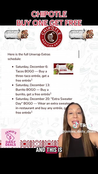 🔥 Chipotle BOGO is BACK 🔥 Buy one, get one FREE entrées the first three Saturdays in December! 👀🌯 Tag your Chipotle buddy because this deal is TOO good to gatekeep. #chipotle #chipotledelivery #jamiesdailydeals #creatorsearchinsights