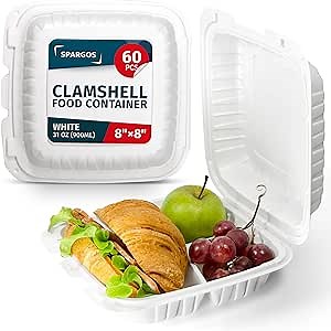 To Go Containers For Meal (60 Pack) 8" x 8" - 31oz 3 Compartments Clamshell Take Out Storage Containers Reusable - Disposable Boxes for Food - White Take Out Containers