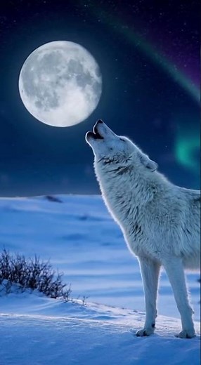 Arctic & Rare Species, A white wolf howling at the full moon in an Arctic night.