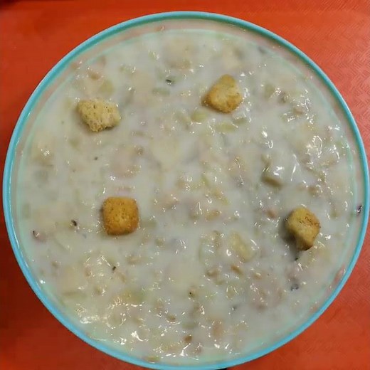 eat Canned Clam Chowder with Extra Clams and Croutons
