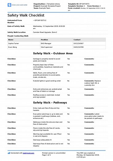 Safety Walk Checklist: Editable for any Safety Walkthrough