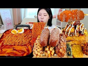ASMR MUKBANG| Spicy Tteokbokki with Ramen, Whole Mozzarella Cheese Hot dog, Takoyaki