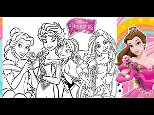 Many Disney PRINCESSES Coloring Page ANNA ELSA BELLE RAPUNZEL Color All Together - With Markers