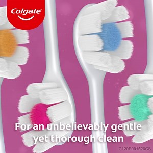 Brush in style with the NEW Colgate Cushion Clean Toothbrush! Enjoy a colorful and stylish brushing experience with 7x denser bristles, compared to a regular toothbrush for an unbelievably gentle yet thorough clean. Try it today! | Colgate