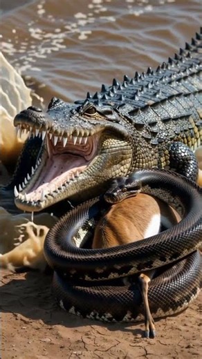8K Wildlife Battle: Python Coils Gazelle as Crocodile Strikes