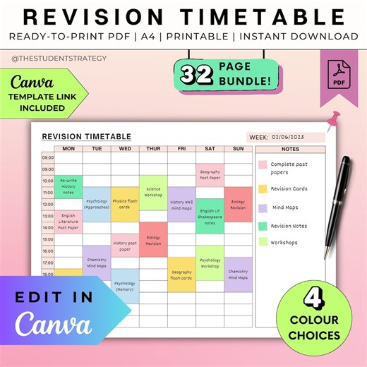 Revision Timetable | Time Blocking Study Schedule | Printable Timetable Template for Students | Canva Editable | A4 PDF | Digital Download - Etsy