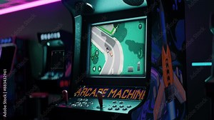 Playing the retro video game on the old-school arcade machine in a lounge. Player having fun in the retro racing game. Playing retro low-poly graphics driving game simulator. Classic.