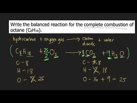 Write the balanced reaction for the complete combustion of octane (C8H18).