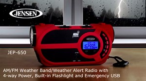JENSEN JEP-650 Portable Digital AM/FM Weather Radio with Weather Alert, Flashlight, and 4-Way Charging, Red, JEP-650