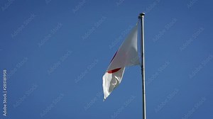 Slow motion flag of Japan waving in the wind on flagpole. Japanese banner flutters at windy day with blue sky. Close up of a real fabric texture ensign fluttering.-Dan