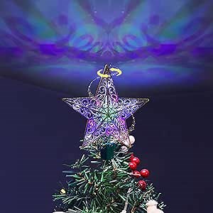 Rotating Christmas Tree Topper Star with 20 LED Multicolor Lights Star Topper for Christmas Tree Decorations (Silver)