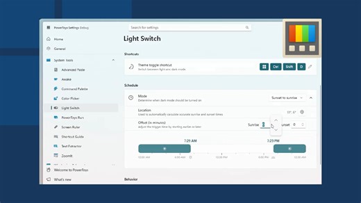 Microsoft shows off Windows 11's auto-colour/theme switching based on time (sunset or sunrise)